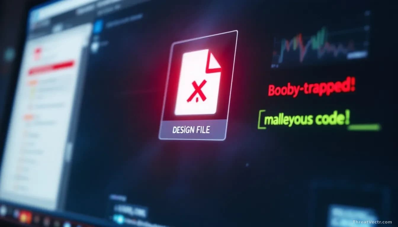 An industrial SCADA software interface on a desktop computer with a booby-trapped design file icon visible in a folder, and malicious code execution warnings ap