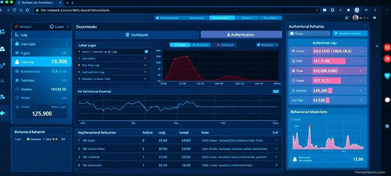 A network access control dashboard displaying user login activities and flagged suspicious behavior patterns, with authentication logs and behavioral anomalies 