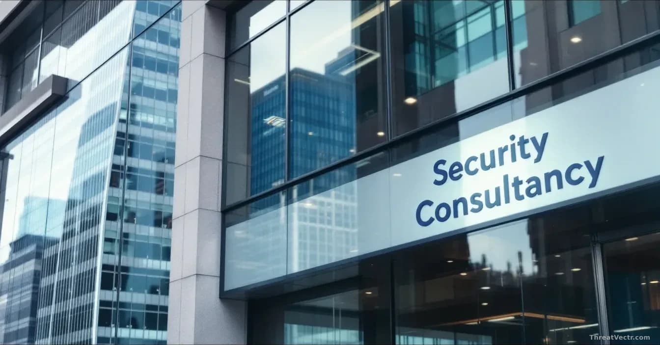 A modern office building facade in the UK with "Security Consultancy" signage visible, with a Bank of America headquarters tower reflected in the glass beside i