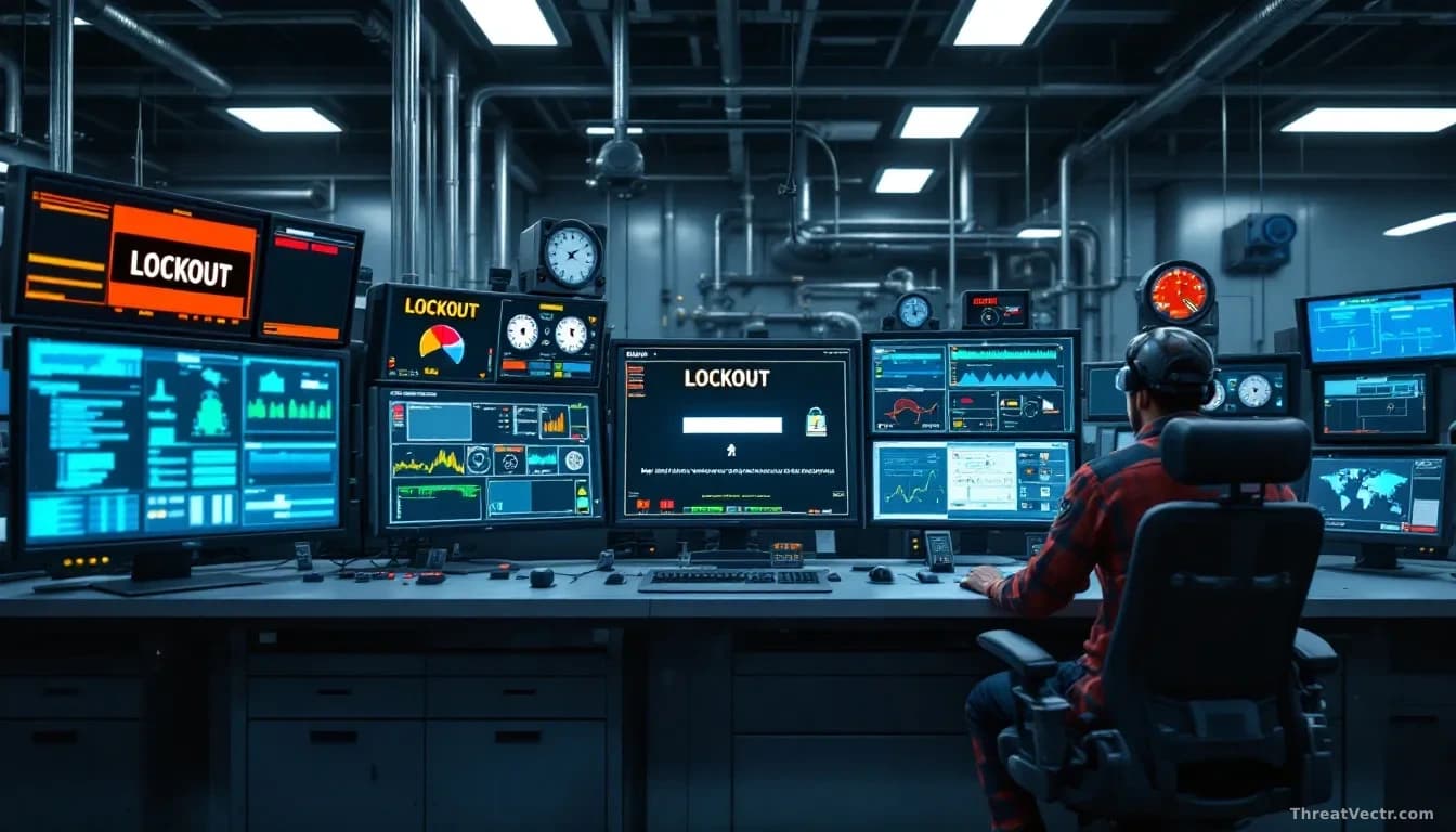 An industrial water treatment control room with rows of SCADA monitors and pump system gauges, one screen showing a lockout notification and operator unable to 
