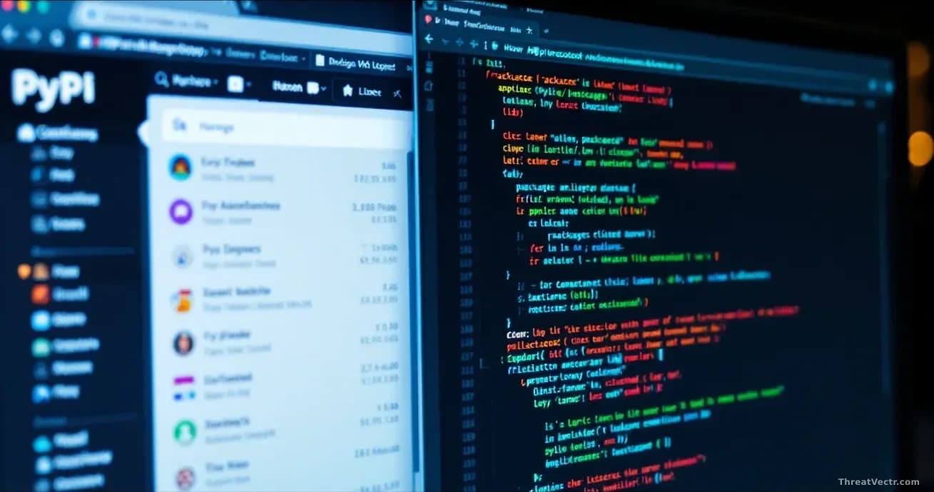 A PyPI repository page open on a monitor with package listings and upload timestamps visible, with lines of malicious code visible in a code editor window besid