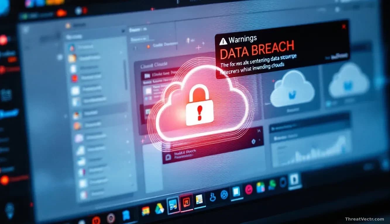 A cloud storage interface on a computer screen with folders containing medical documents and financial spreadsheets, with a data breach warning notification ove