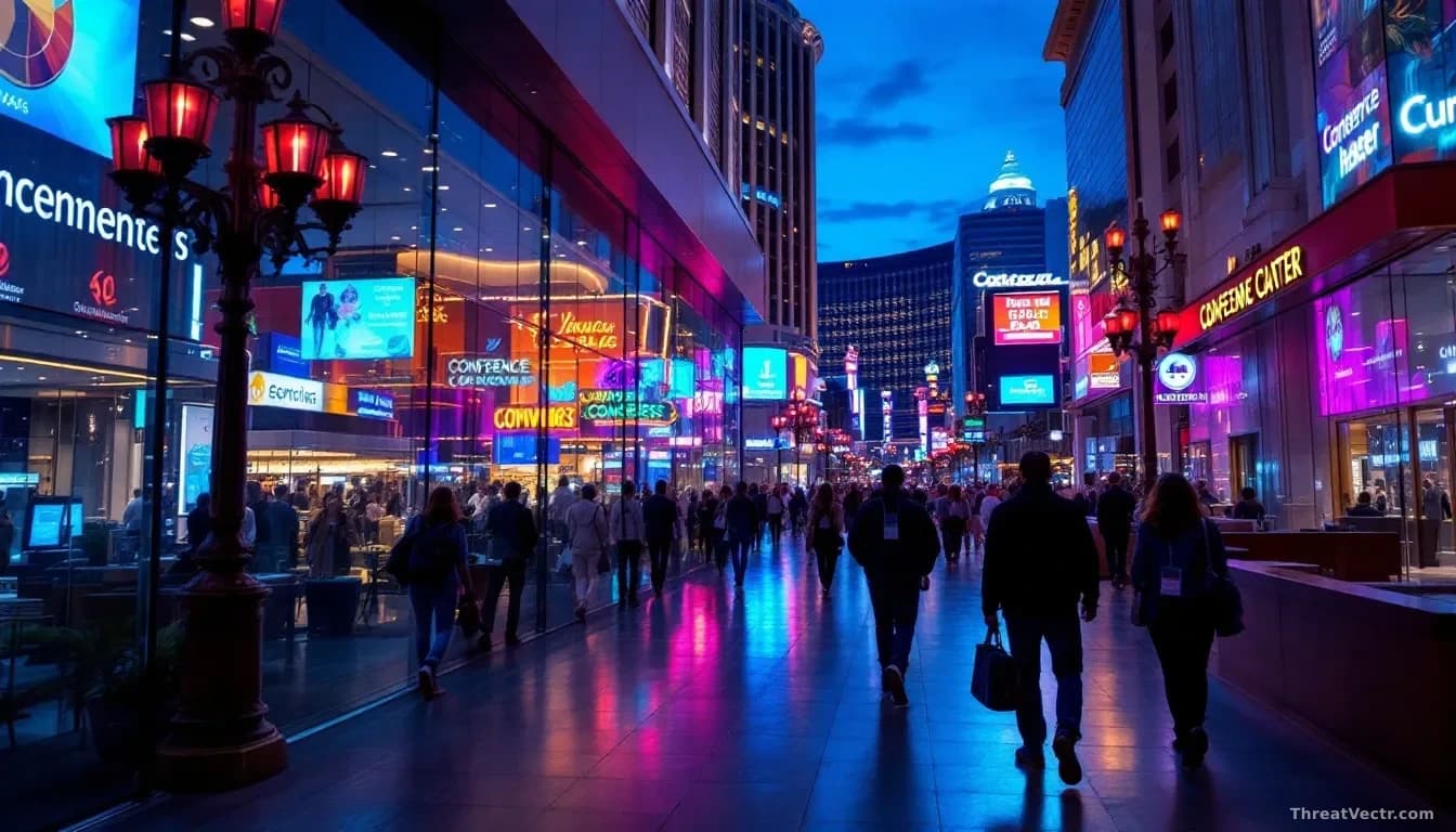 The Las Vegas Strip at night with conference center marquees and security researchers walking through lobbies with credential badges visible, neon reflections o