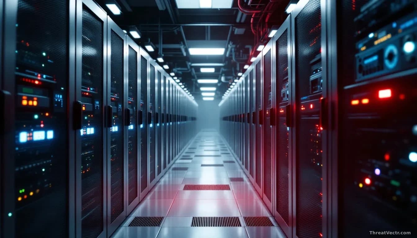 A server room with rows of equipment and indicator lights, one rack highlighted with a red alert glow, cables and cooling systems visible in sharp detail