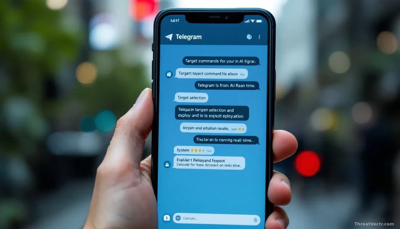 A smartphone screen displaying a Telegram chat interface with an AI agent executing commands autonomously, system notifications showing target selection and exp