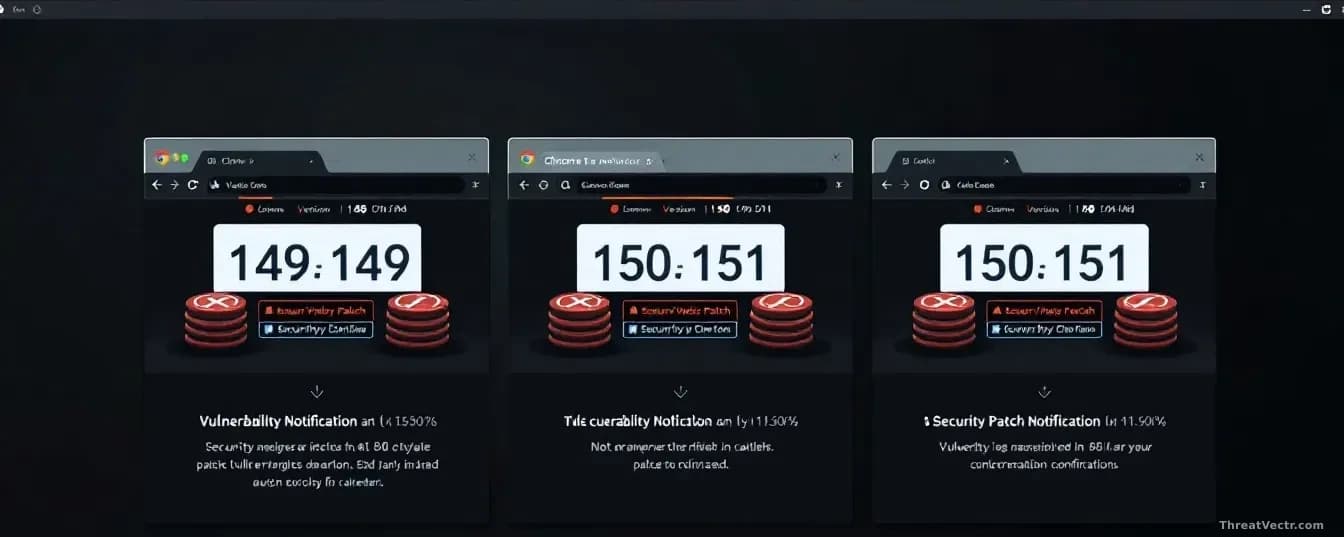 A Chrome browser window with version numbers 149, 150, 151 displayed across tabs, each surrounded by stacks of vulnerability notification badges and security pa