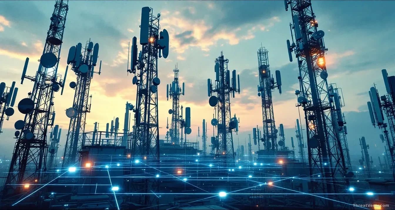 A cellular network infrastructure facility with towering antenna arrays against sky, data flow visualizations showing vulnerability points highlighted in the ne