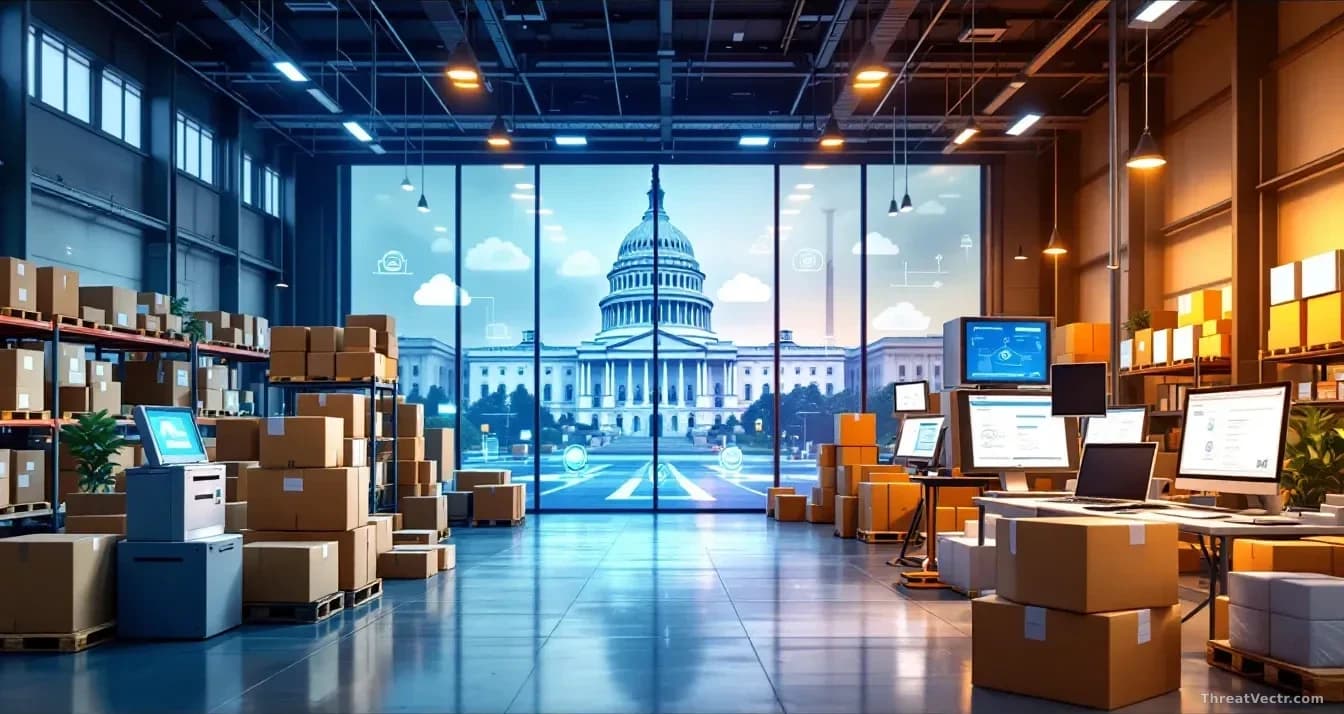 A split-screen composition: parcel delivery warehouse on one side with scanning equipment, government education portal on the other with student records visible