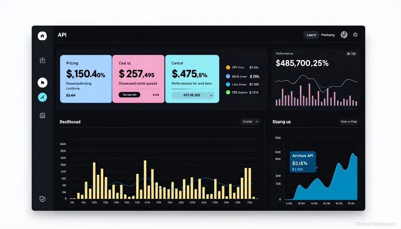 A digital dashboard displaying API pricing tiers with downward-trending cost curves, graphs showing performance metrics and throughput speeds side by side