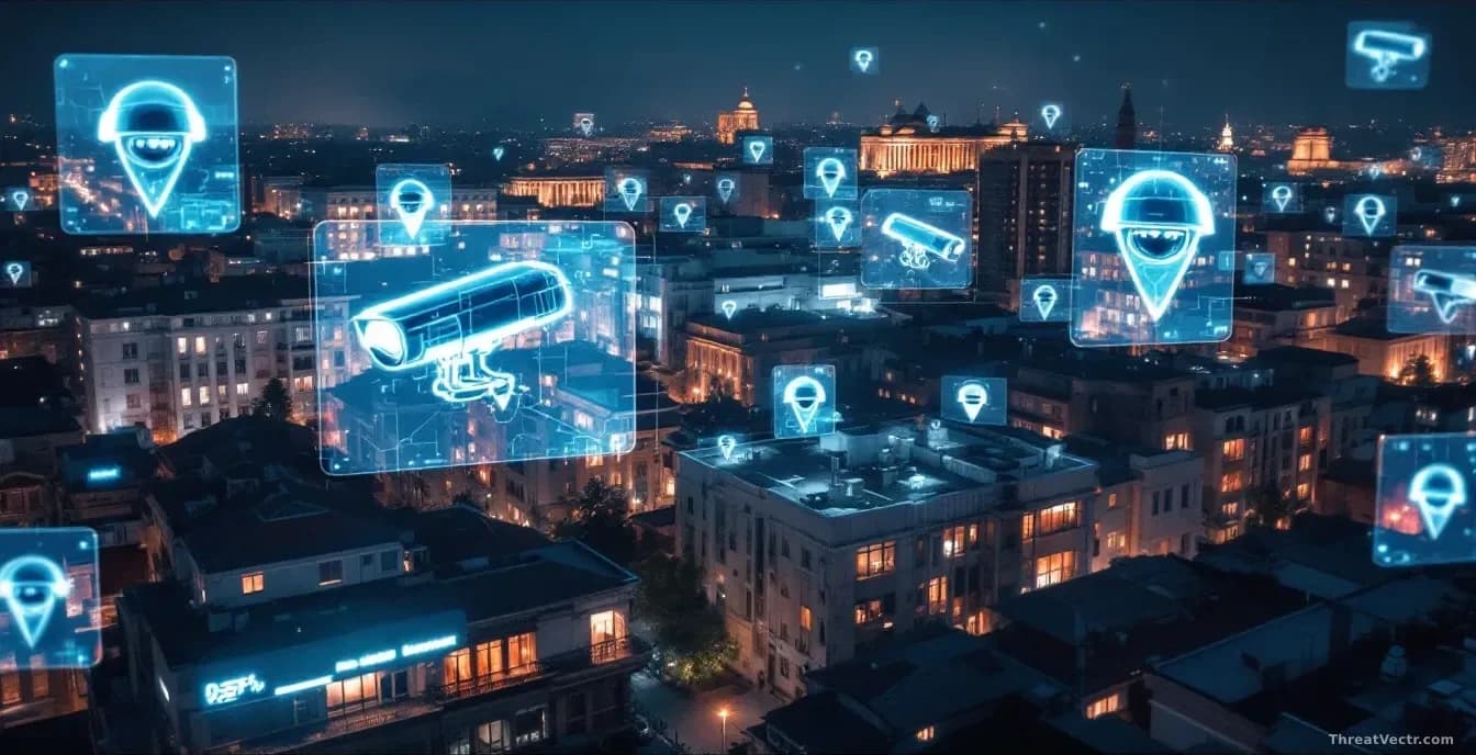 A nighttime cityscape of Central Asian architecture with surveillance camera feeds displayed as overlaid windows, digital map markers indicating targeted locati