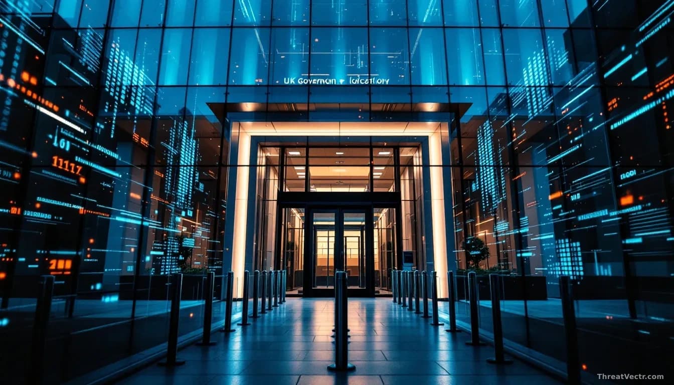 A UK government building's entrance at dusk with security barriers visible, data streams flowing across glass windows in digital visualization, suggesting data 