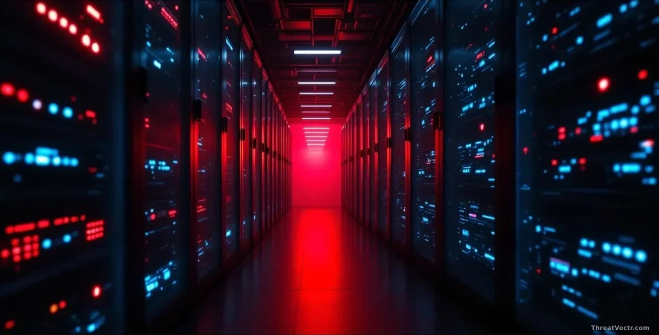 A computer server room with warning lights flashing red, server racks illuminated against dark surroundings, symbolizing a system under breach