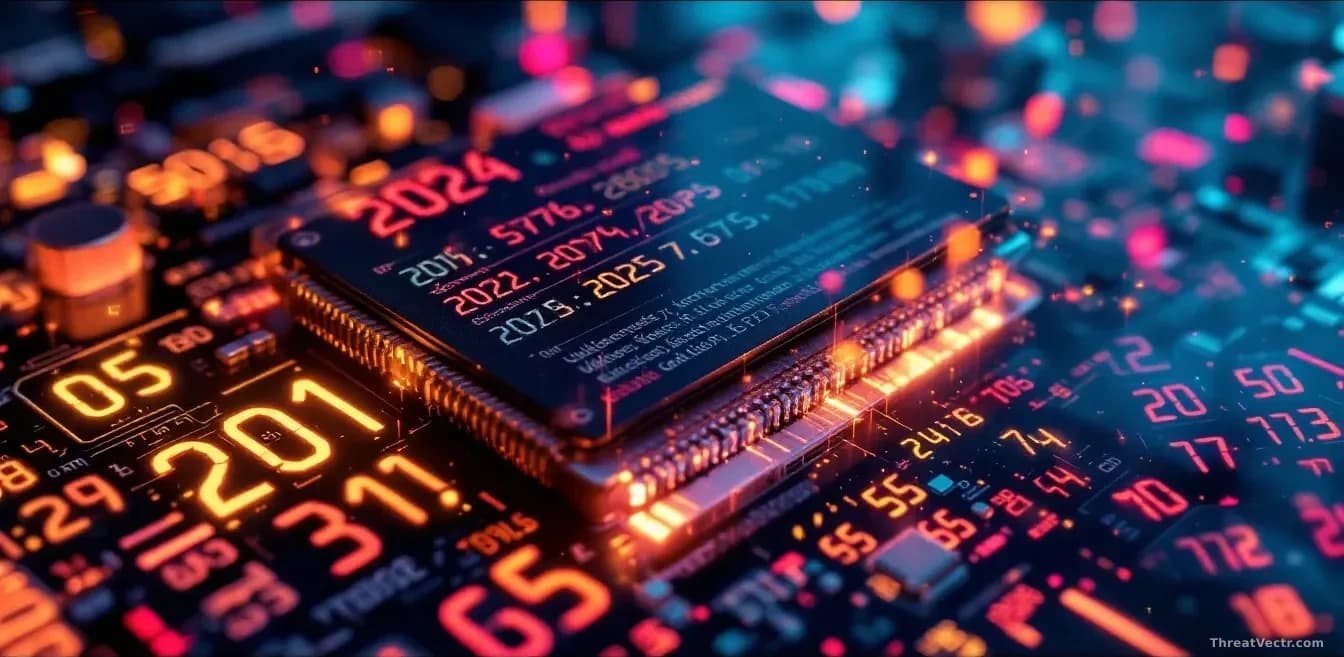 A hardware wallet device photographed with a timeline overlay showing vulnerability discovery in 2021 and a massive theft event in 2025, cryptocurrency addresse