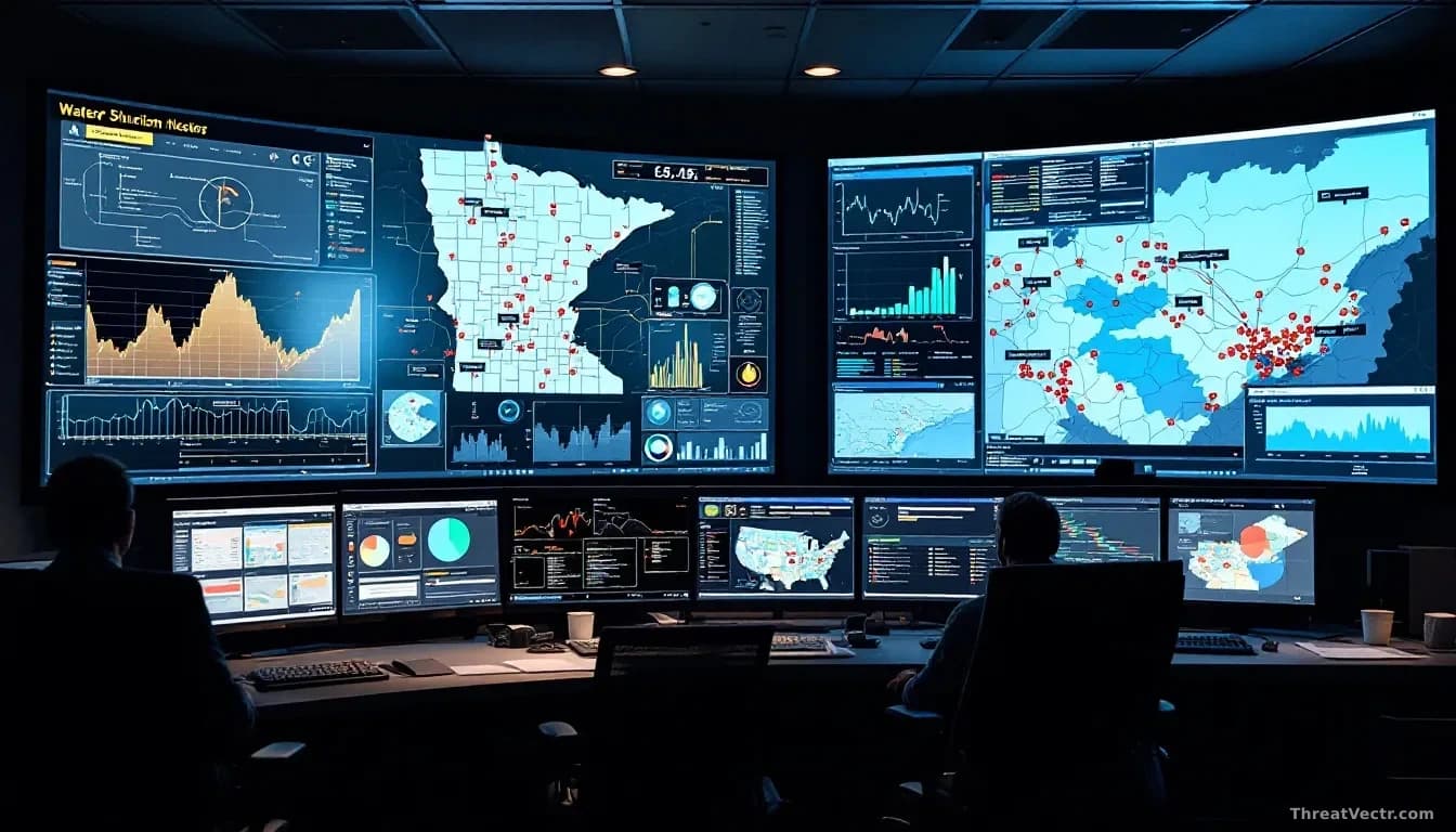 A water system control center displaying distribution maps of Minnesota and surrounding states with system outages marked, attribution analysis showing Iranian-