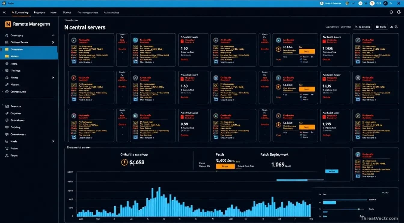 A remote management platform dashboard with N-central servers displayed in a grid, critical breach warnings lighting up across multiple instances, patch deploym