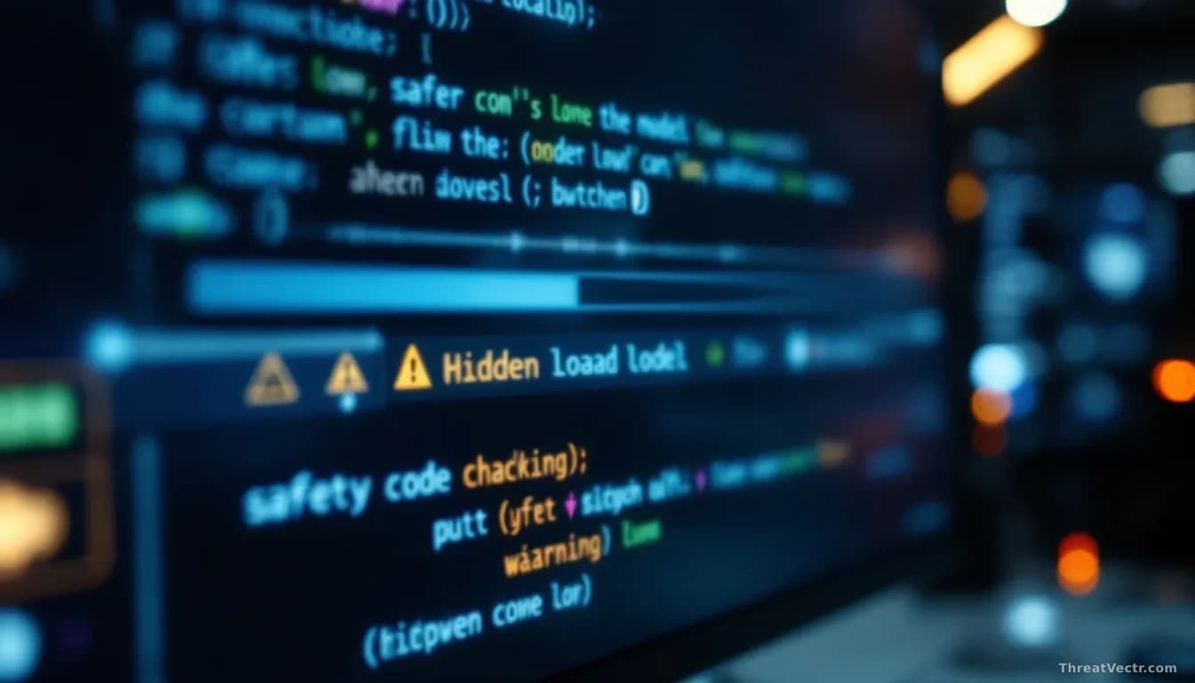 A computer screen displaying an AI model loading process with hidden code execution occurring in the background, safety switches visibly bypassed with warning i
