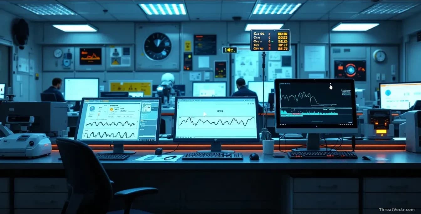 A forensic laboratory with DNA analysis equipment and computer workstations displaying genetic profiles, with a subtle edit cursor appearing over the data sugge