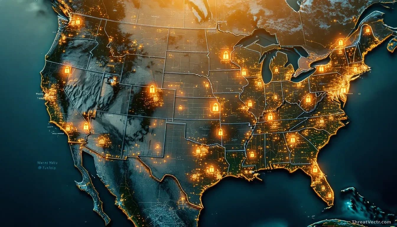 An aerial view of water treatment facilities across multiple US states highlighted on a map, with digital breach indicators and lock symbols appearing over the 