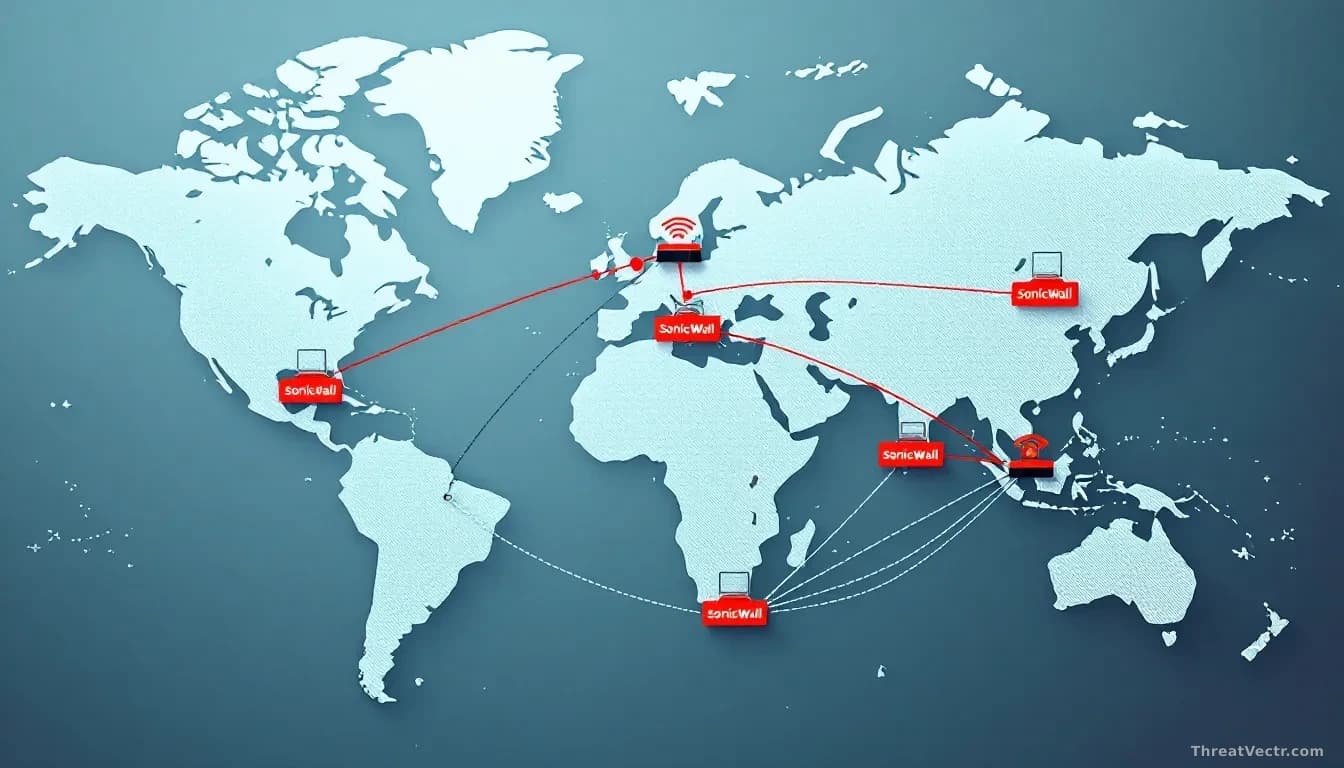 A corporate network diagram with SonicWall device icons highlighted in red, connected to multiple compromised systems across a geographical map, with phone hand