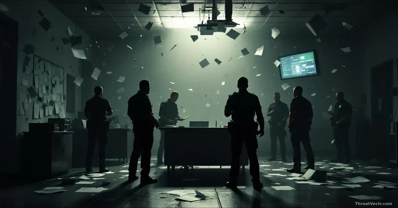 Silhouettes of police officers in a station with scattered documents and digital data streams escaping from a broken security perimeter on the walls