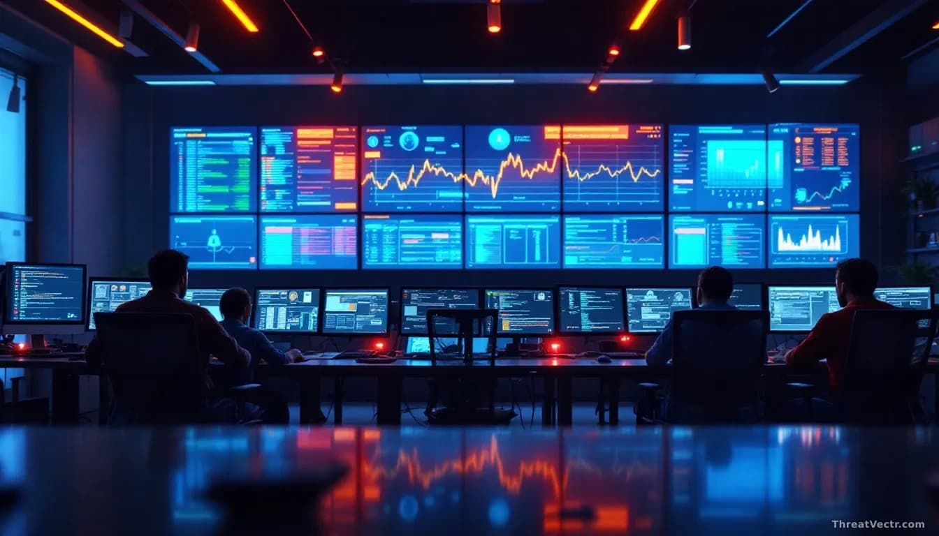 A network operations center with multiple monitors displaying security vulnerability assessments and penetration test results, technicians working at stations w