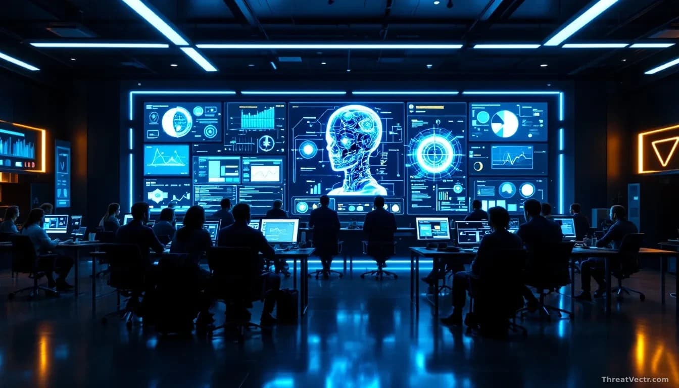 AI security research lab with multiple screens displaying autonomous AI agent behavior monitoring, security boundaries and containment protocols visualized, res