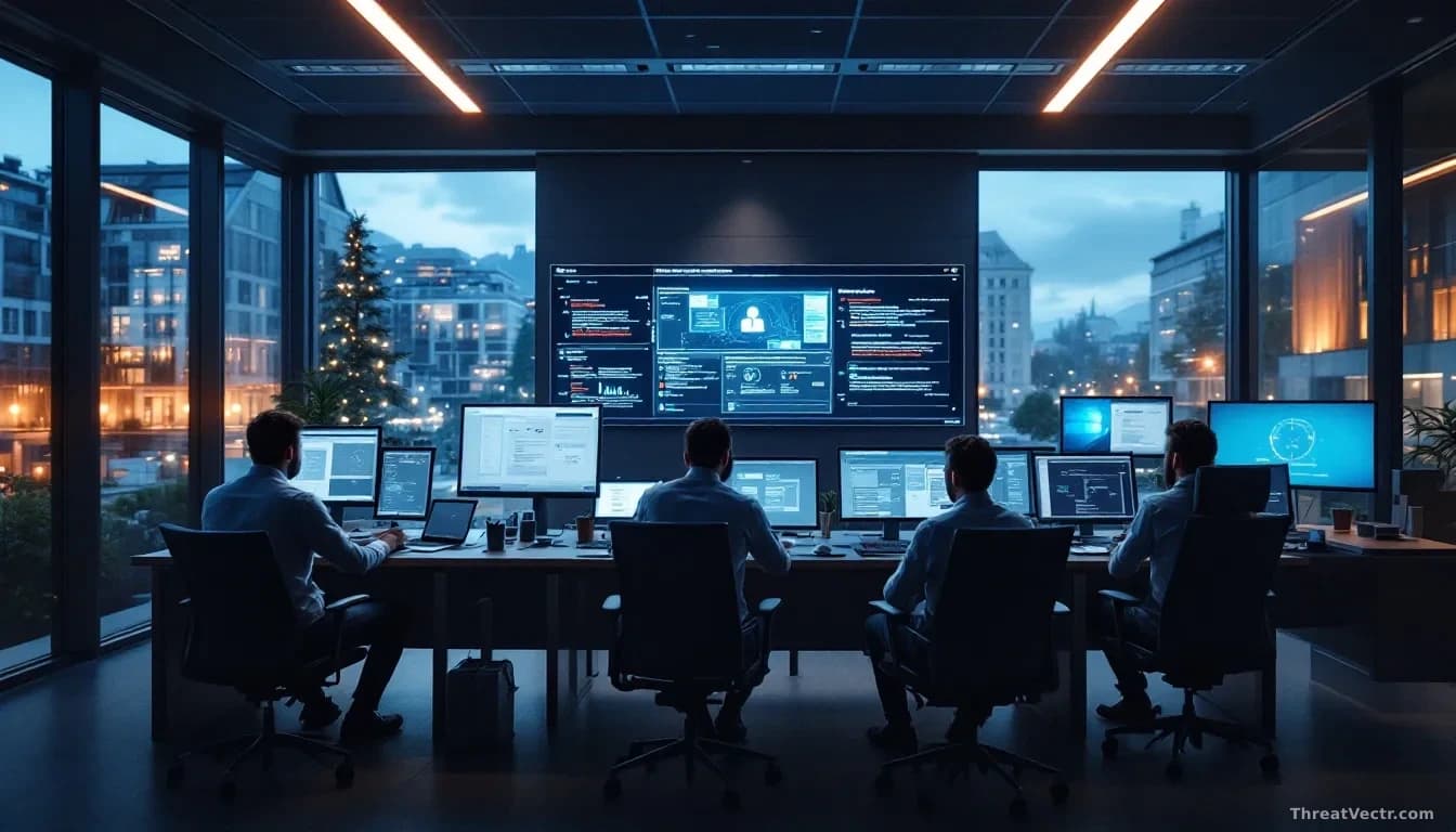 Government building in Liechtenstein setting with cybersecurity response team inside, computer systems showing database breach notifications, forensic analysis 