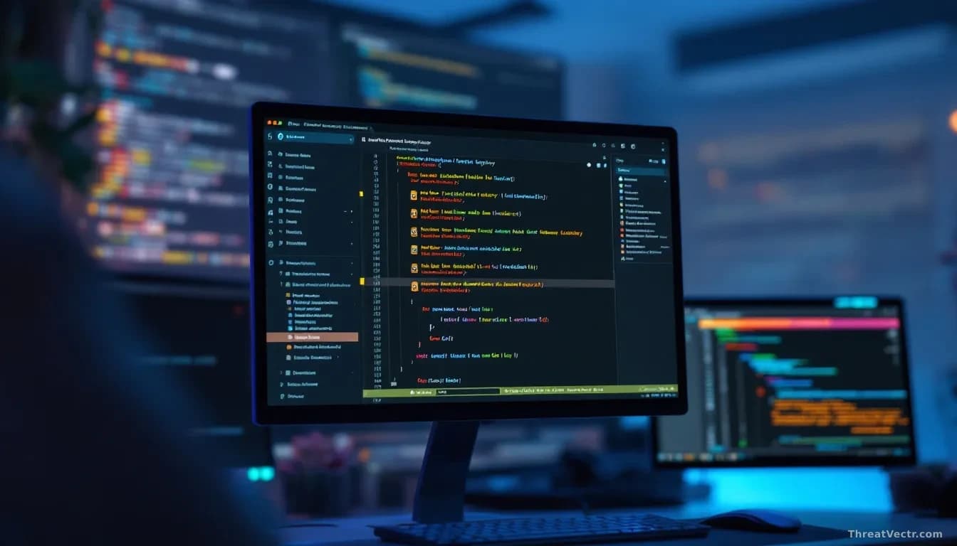Developer workspace with code editor displaying npm package registry interface, malicious package listings highlighted, security scanning tools running in backg