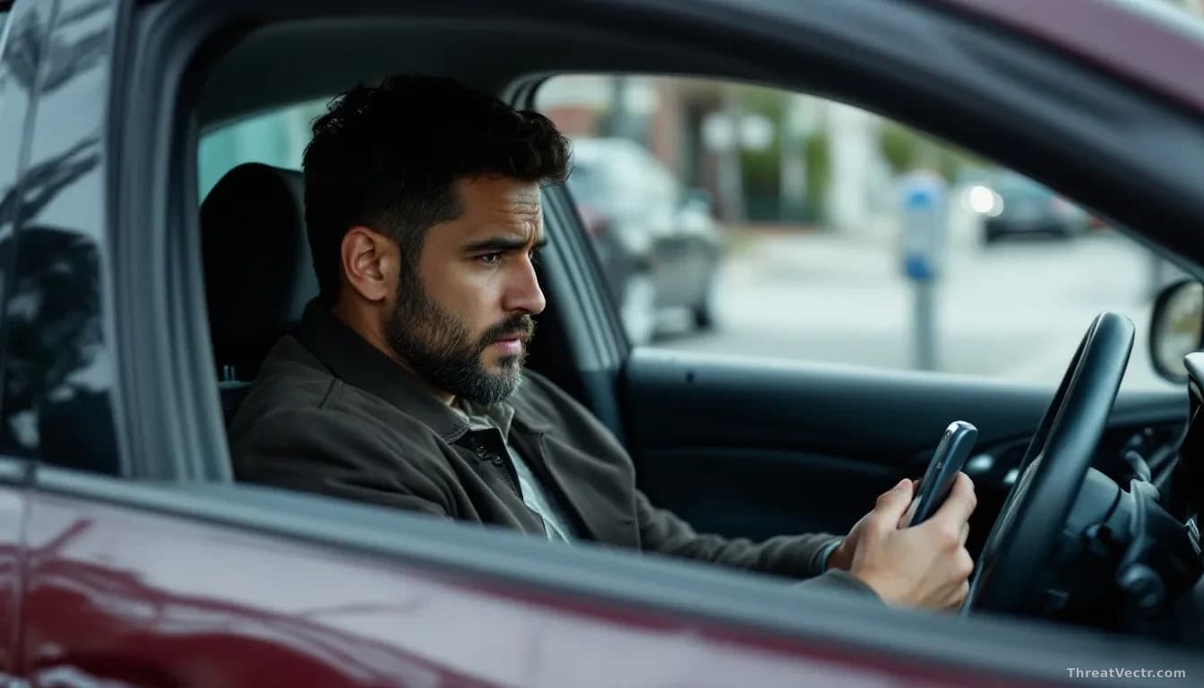 Driver sitting in parked car looking at a suspicious text message on phone screen, parking meter and street setting visible in background, expression of confusi
