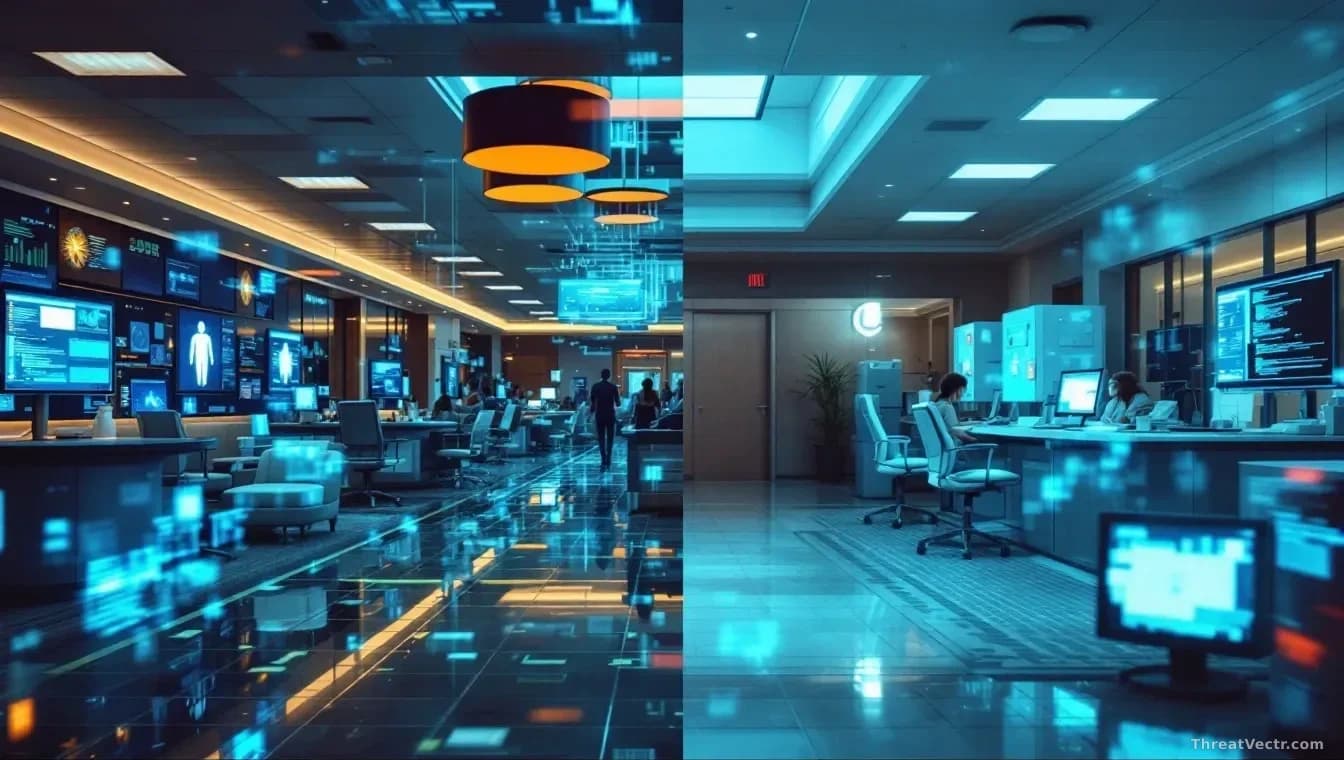 Composite scene showing a casino floor and children's hospital interior simultaneously split-screen style, representing decade of varied Iranian cyberattack tar