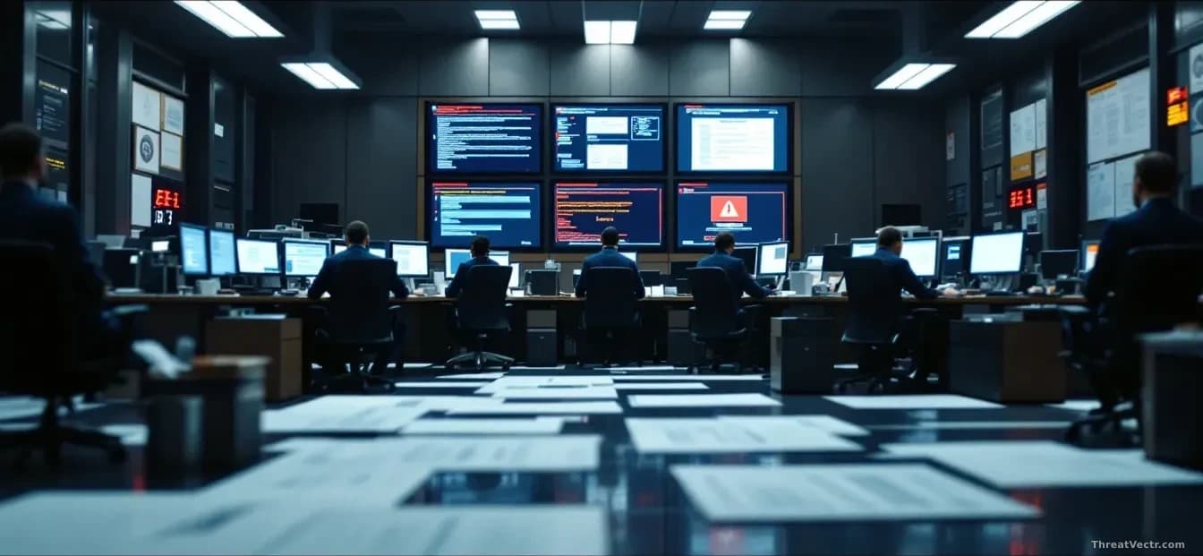 Government office building interior with security team members working at desks with computer screens, sensitive documents and security breach notifications dis