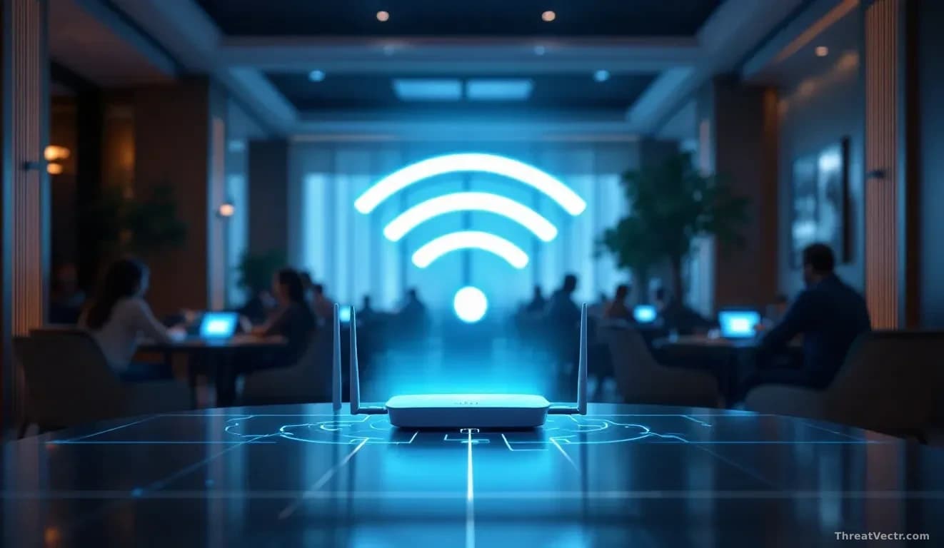 A hotel lobby with Wi-Fi router and network infrastructure visible, guests at tables with laptops and phones connecting to wireless networks, login screens glow