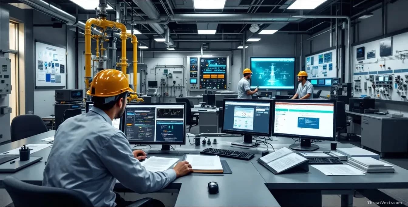 Water treatment facility control room with technicians monitoring screens and infrastructure equipment, grant documents and cybersecurity upgrade materials visi