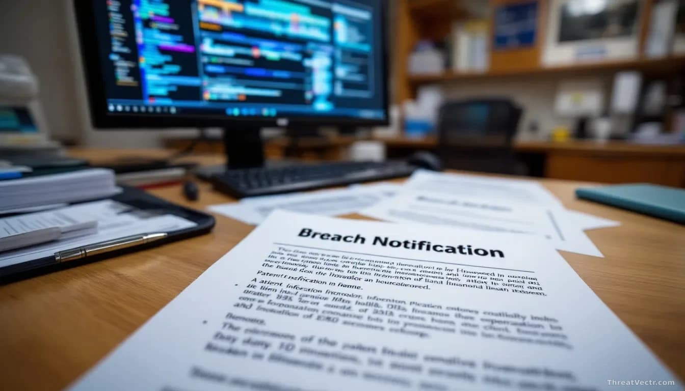 A hospital administrative office with a desk covered in breach notification documents, while a computer monitor displays patient records and financial data, rep