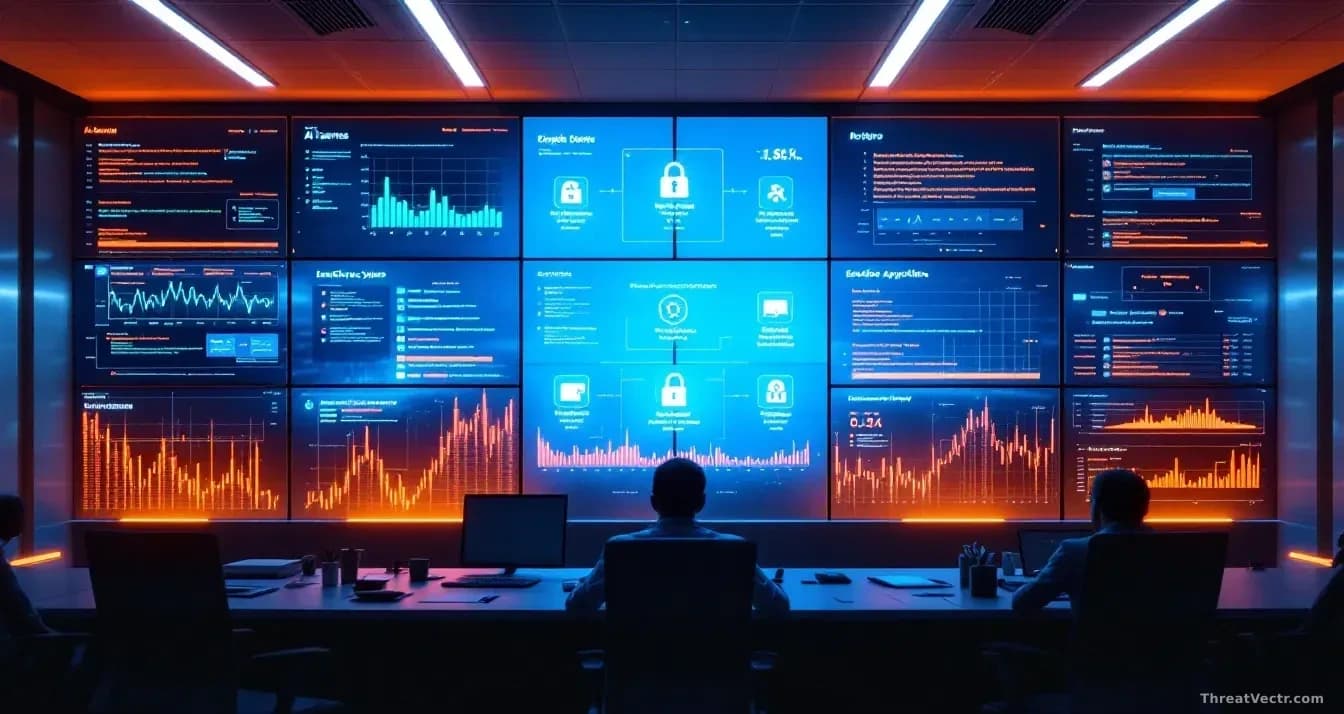 A security operations center wall of screens showing AI agent activity across enterprise applications, with each screen highlighting different sensitive systems
