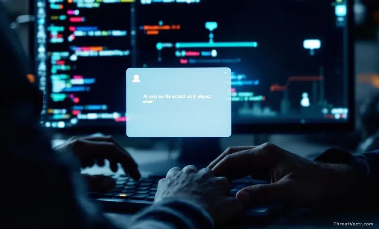 A person's hands on a keyboard with an AI chatbot interface visible on the monitor, showing how easy-to-use prompts are generating sophisticated attack code and