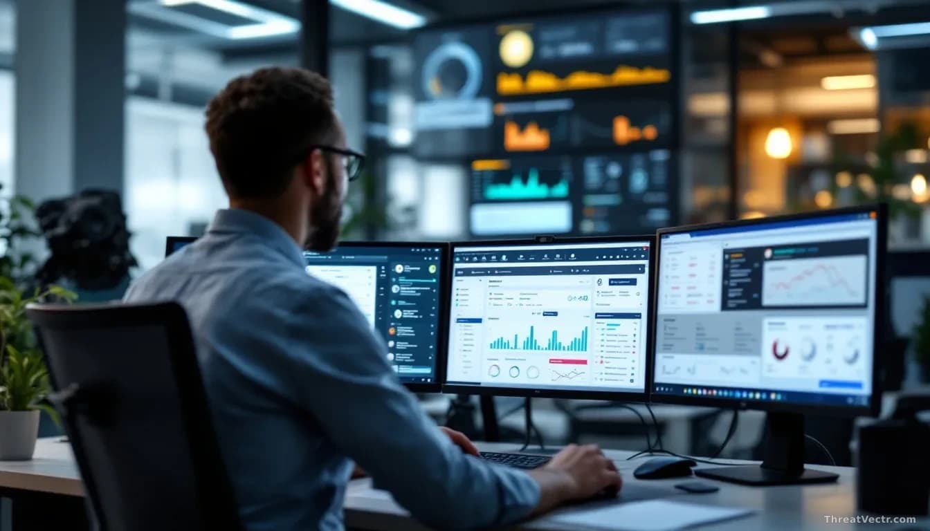 An office worker's desk with multiple monitors displaying AI chat conversations and traditional security tool dashboards, illustrating the gap between what secu
