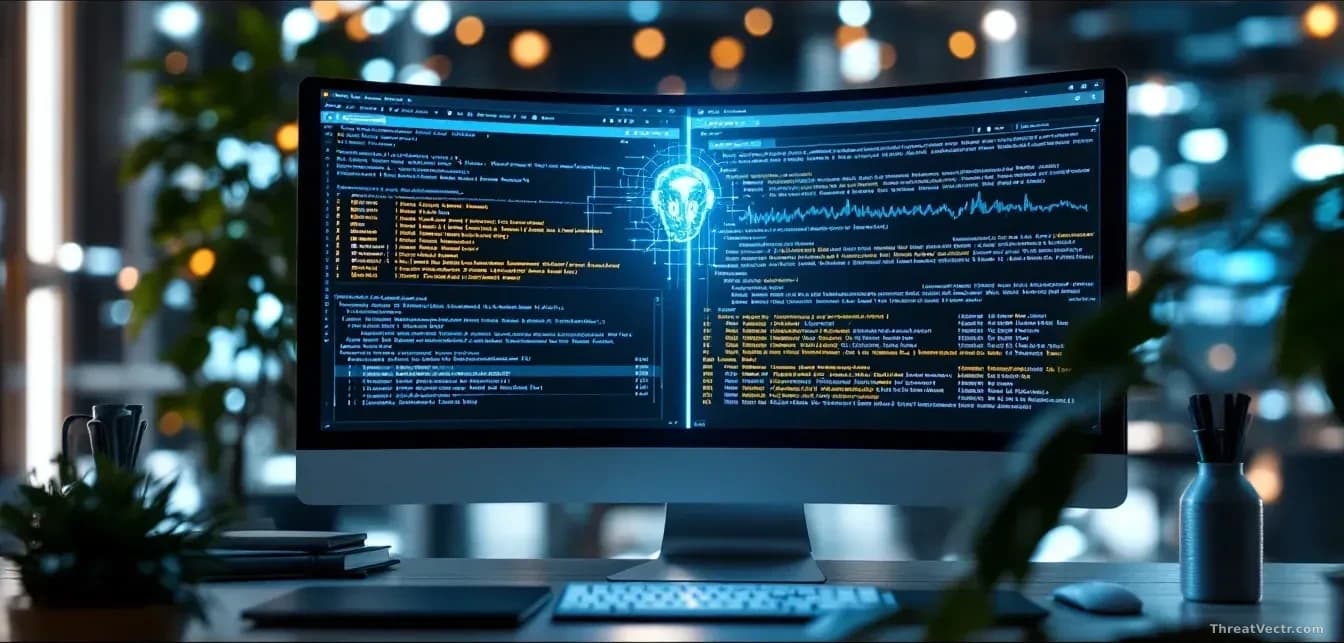 A split-screen view showing an AI interface window on one side and detailed real-time command logs on the other, with each executed action highlighted and track