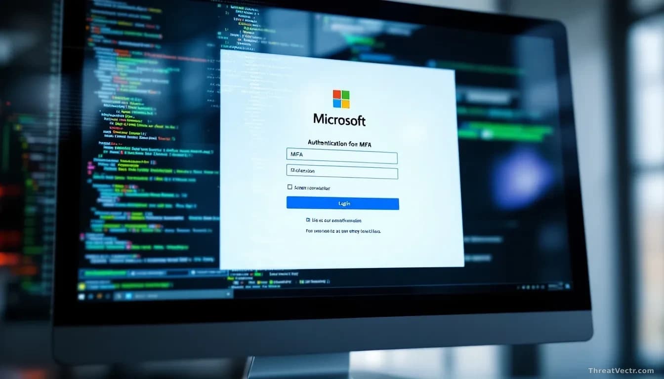 A login screen on a computer monitor showing a Microsoft authentication interface with MFA prompts, while a shadow or overlay suggests an attacker's toolkit int