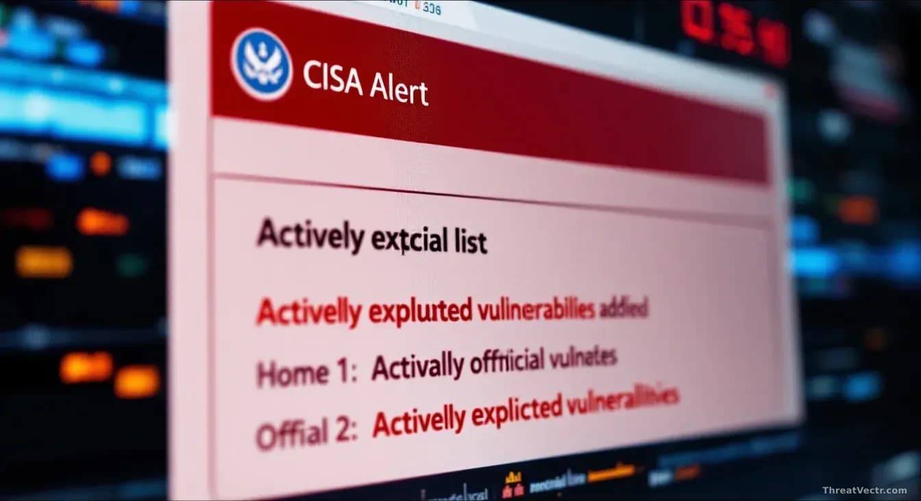 A CISA alert notification displayed on a government cybersecurity operations center screen, with actively exploited vulnerabilities being added to the official 