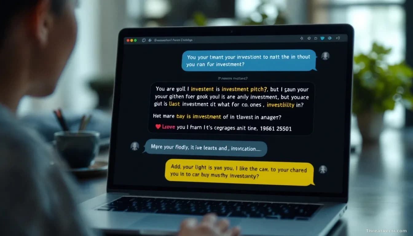 A ChatGPT-like conversational interface on a computer screen displaying investment pitch text and romantic language, with geographic location indicators or IP a