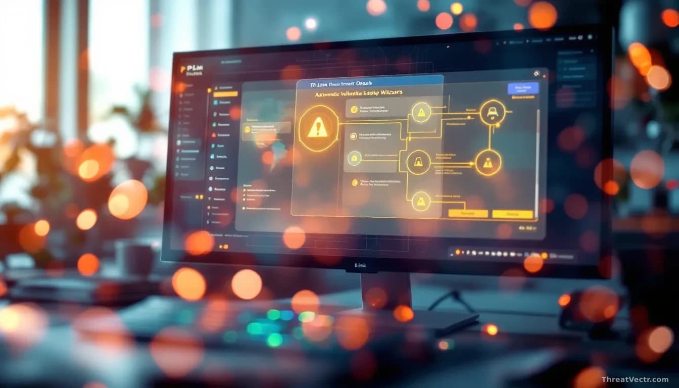 A network administrator's control panel showing a TP-Link Omada system interface with automatic setup wizards active, overlaid with vulnerability warning icons 