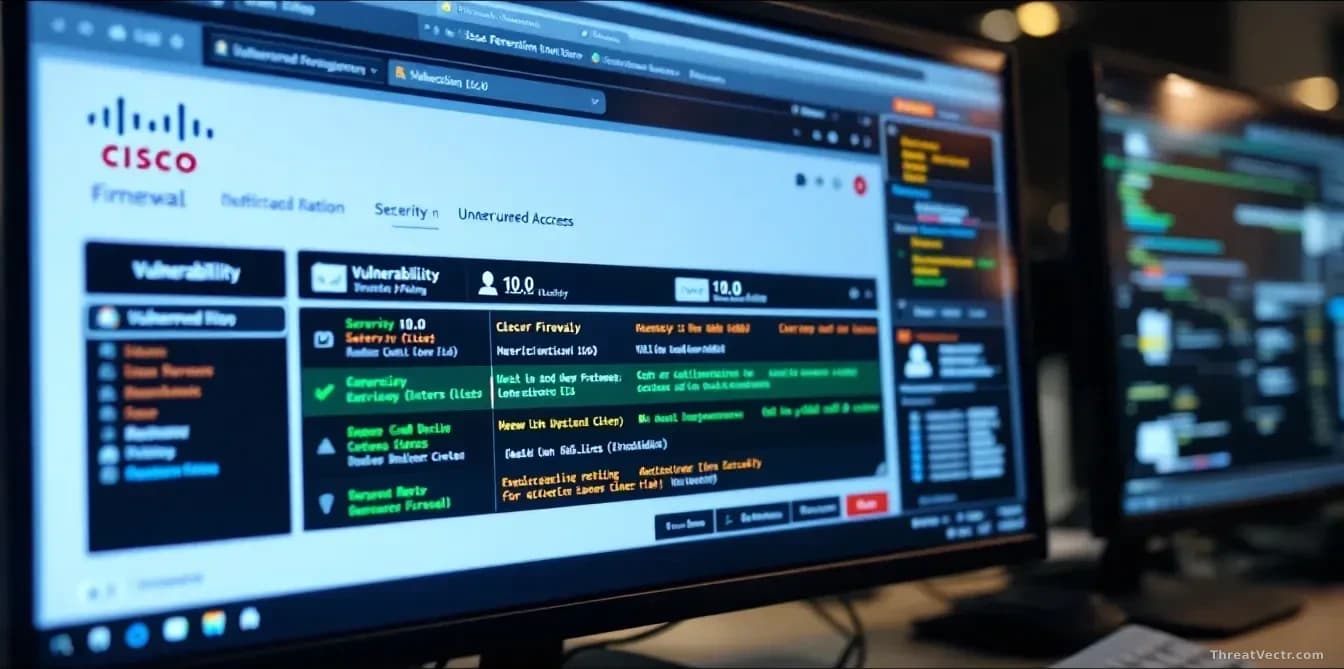 A Cisco firewall management console displayed on a security operations center monitor, showing the vulnerability notification and severity rating of 10