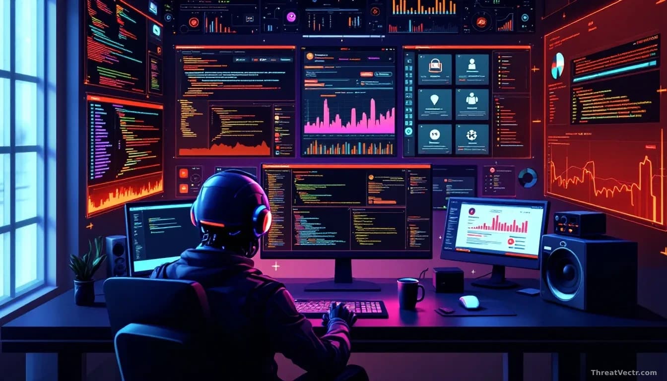 A criminal operation workspace visualization showing multiple screens with AI chatbot interfaces open, malicious code being generated and refined, with cloud ac