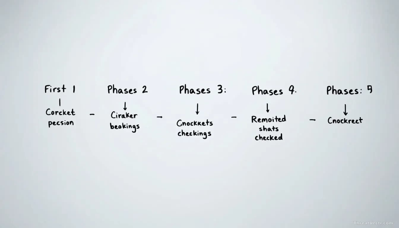 A flowchart or process diagram displayed on a whiteboard or monitor showing five distinct phases, with only the first phase completed and checked while the rema