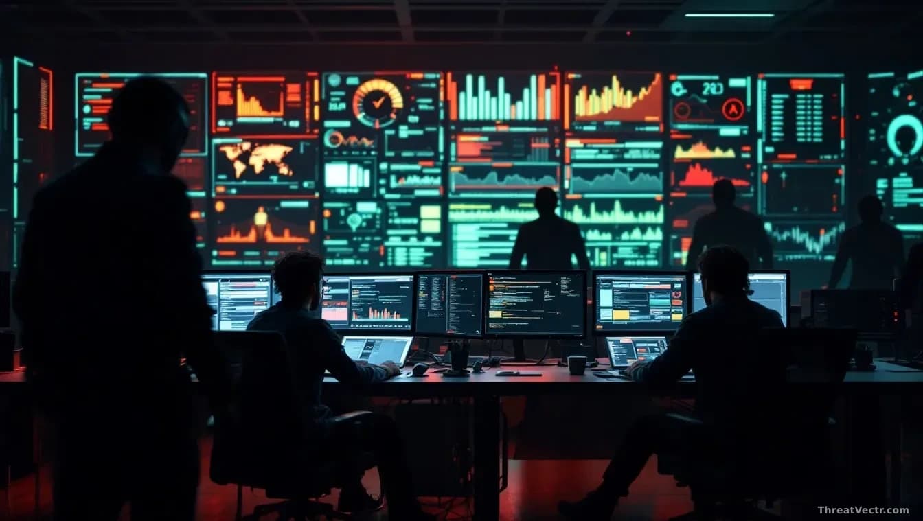 A security operations center with multiple monitors displaying vulnerability alerts and threat indicators, operators with overwhelmed expressions working throug