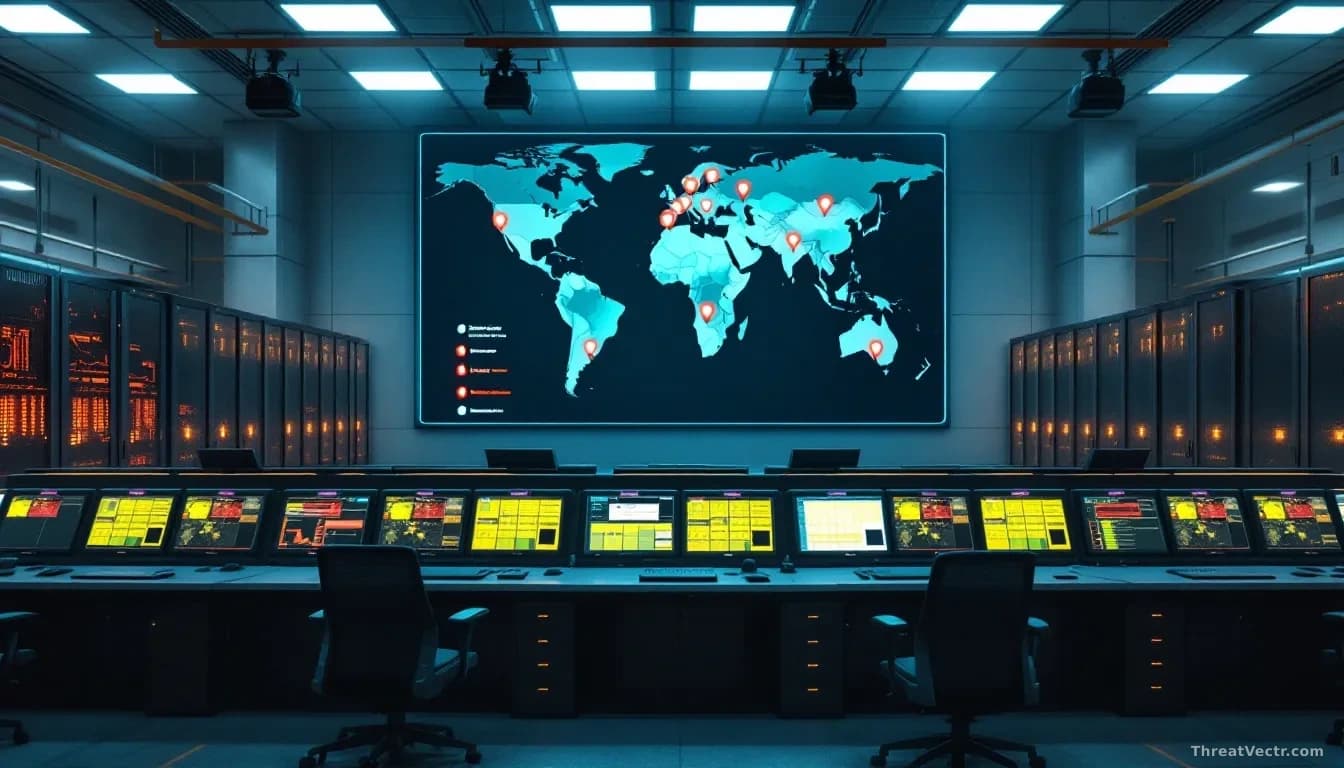 An industrial facility control room with rows of monitoring stations, server racks glowing in the background, and a world map on a wall display with several loc