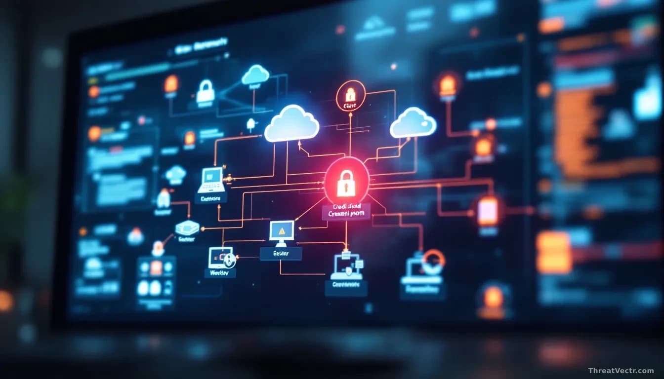 A network diagram displayed on a monitor with cloud infrastructure icons and security layers, showing a single credential point glowing red as lines of compromi