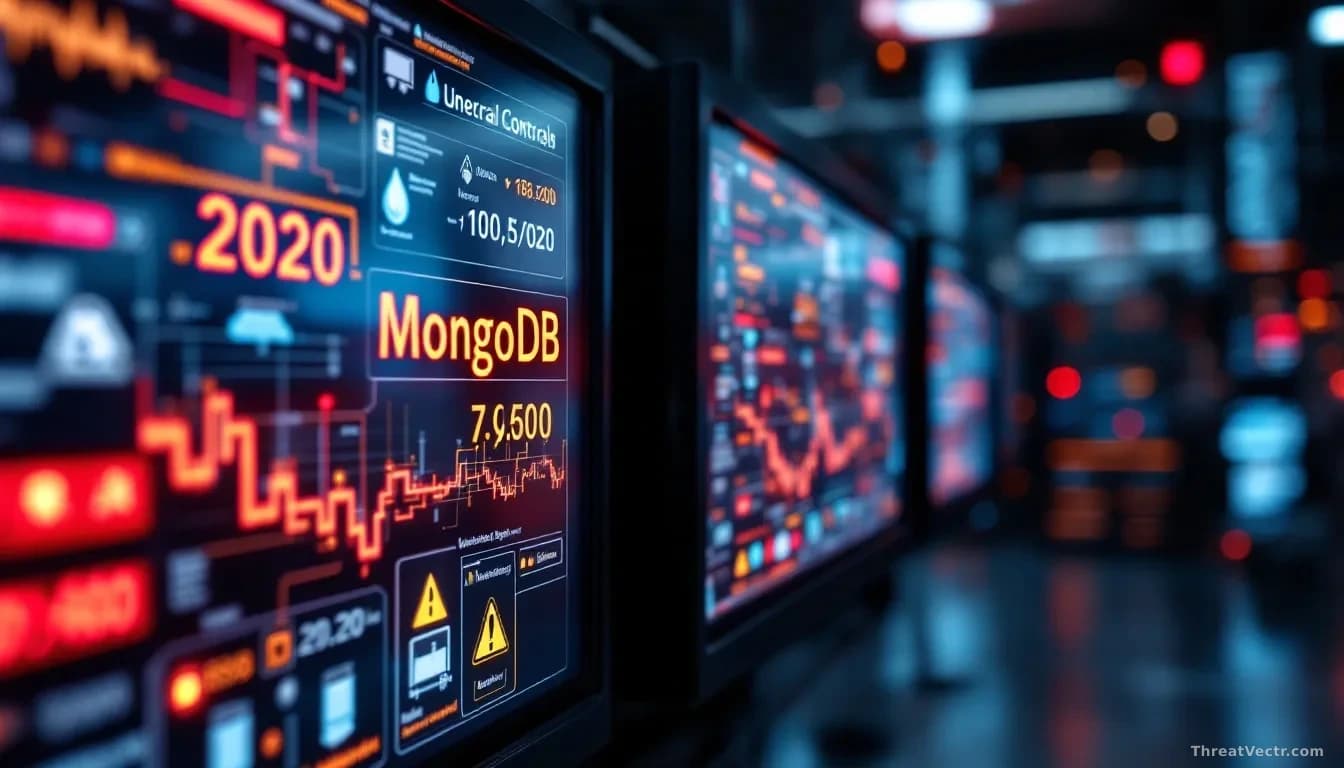 Industrial control system screens for energy and water infrastructure running on displays, with a MongoDB database version number from 2020 visible in the syste