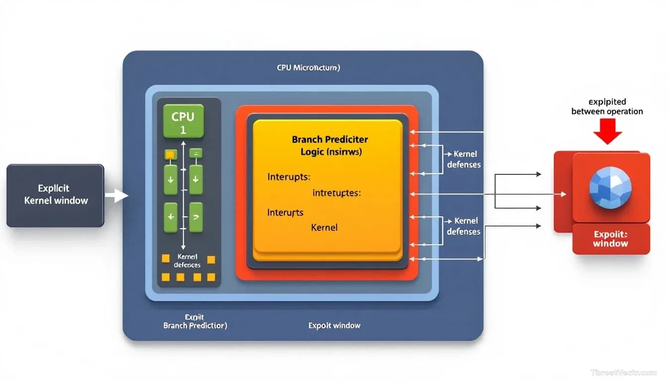 A CPU microarchitecture diagram showing branch predictor logic with interrupts and kernel defenses visualized, a technical illustration showing the exploit wind